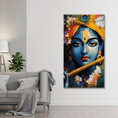 Krishna face close-up canvas painting frame flute wall decor for living room