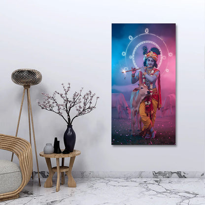 Krishna neon aura with calf canvas painting frame modern wall decor for living room