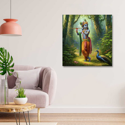 krishna with peacock forest canvas painting frame wall decor for living room