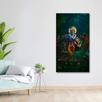 Krishna raas leela canvas painting frame vertical spiritual wall decor for living room