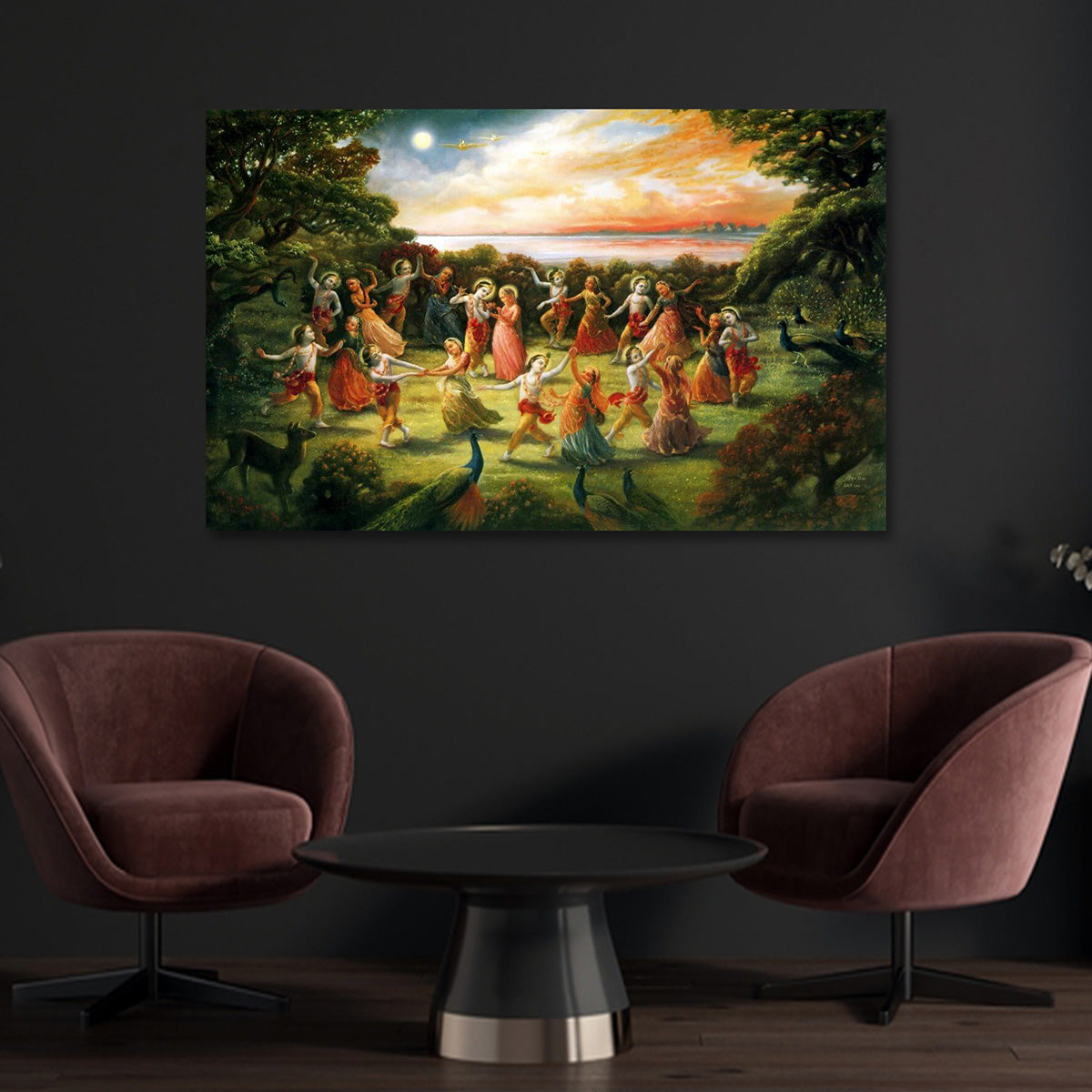 Krishna Raas Leela canvas painting with Radha and Gopis dancing in moonlight