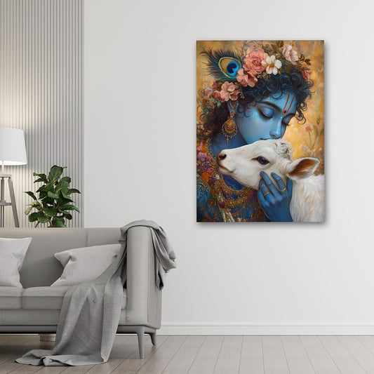 lord krishna with cow wall painting spiritual canvas art for home decor