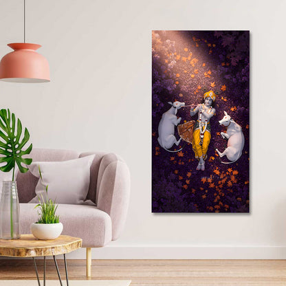 Krishna with cows autumn leaves canvas painting frame flute wall decor for living room