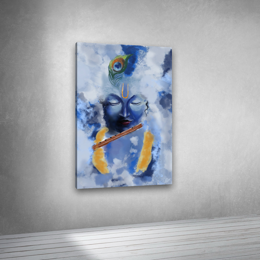 krishna face abstract flute canvas wall art painting frame blue theme decor