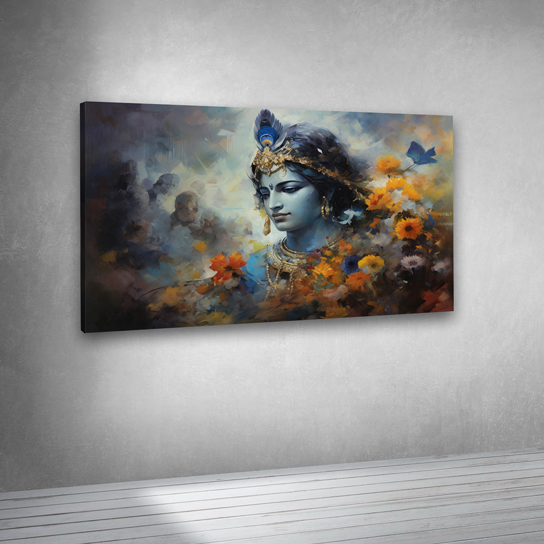 krishna face canvas wall art painting frame with flowers spiritual home decor