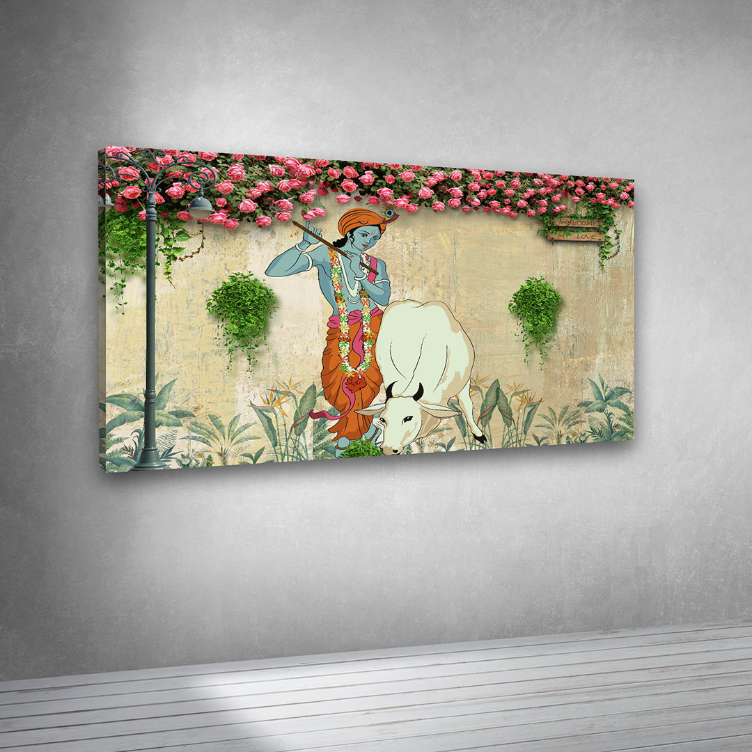 krishna flute cow floral garden canvas wall art painting frame home decor