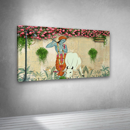 krishna flute cow floral garden canvas wall art painting frame home decor