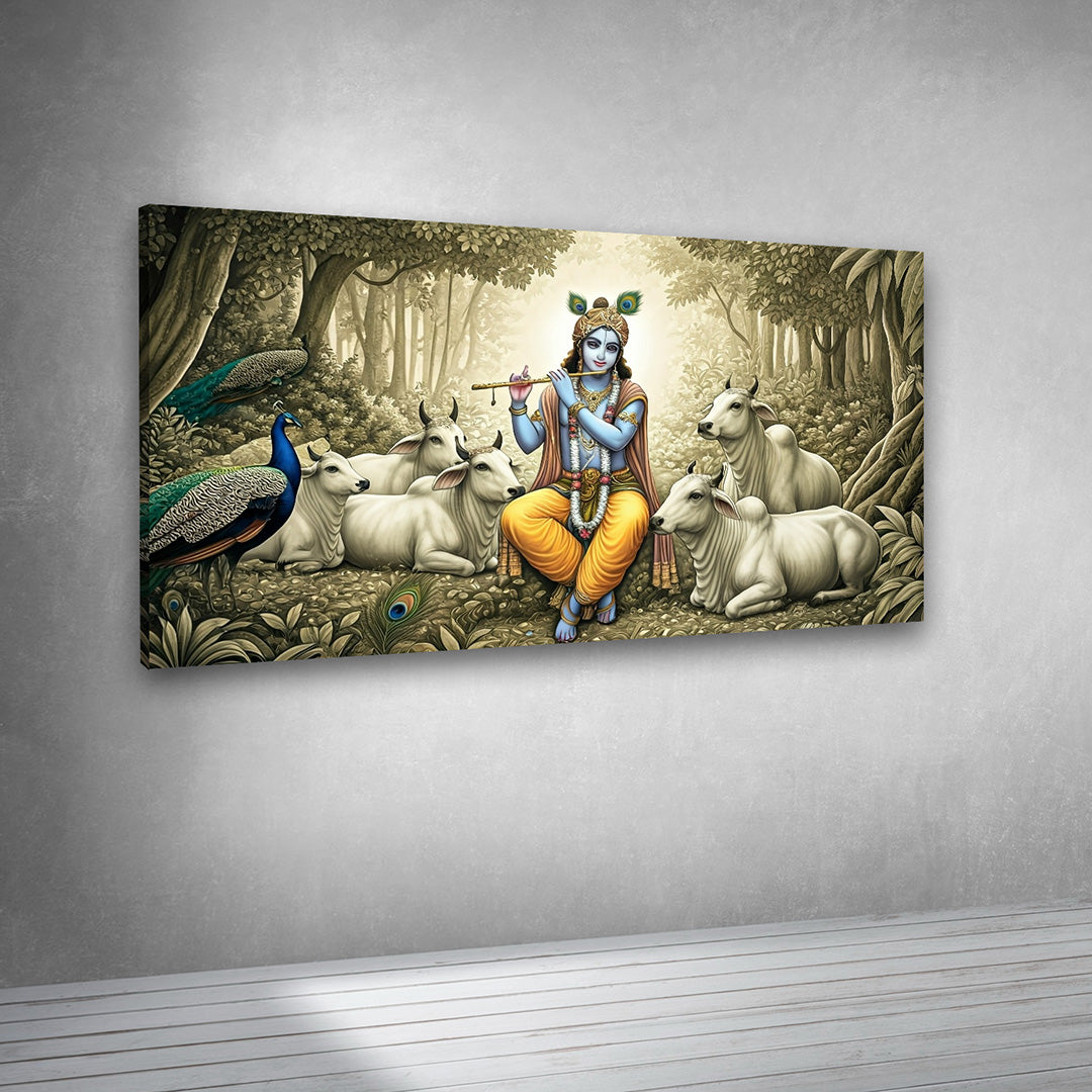 krishna flute cow forest canvas wall art painting frame spiritual home decor