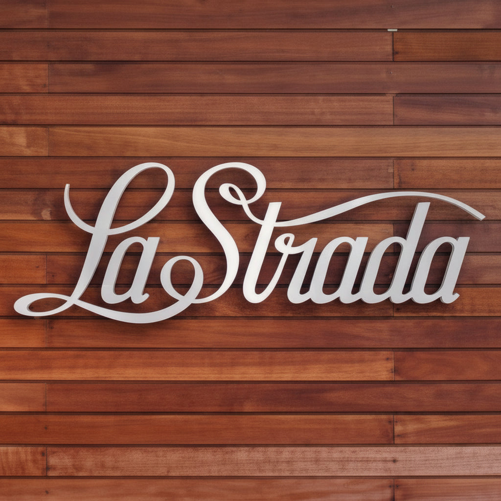 LED neon sign stylish script wall light for restaurant wooden background
