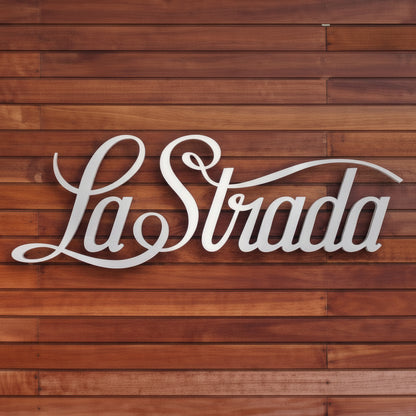 LED neon sign stylish script wall light for restaurant wooden background