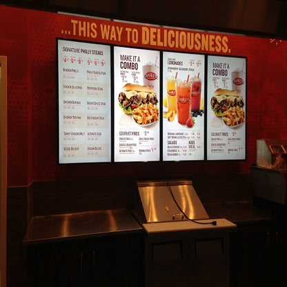 LED backlit restaurant menu display panels illuminated wall mounted menu boards QSR café