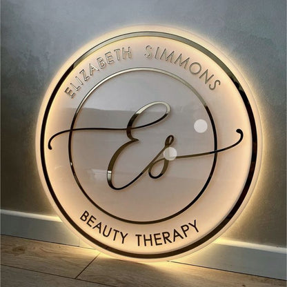 LED circular acrylic beauty salon logo sign with gold halo backlit round wall signage