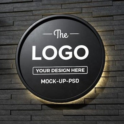 LED circular backlit logo sign black acrylic round wall signage with halo lighting for branding