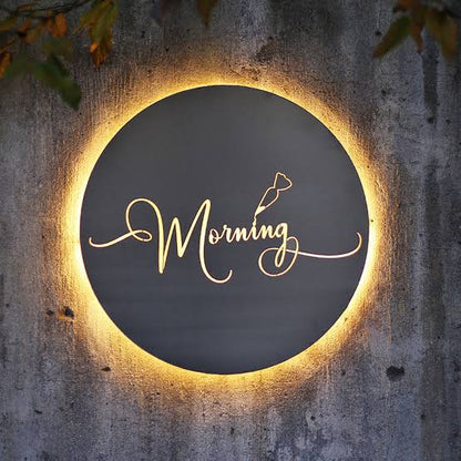LED circular halo sign custom backlit round wall signage with script lettering for cafe decor