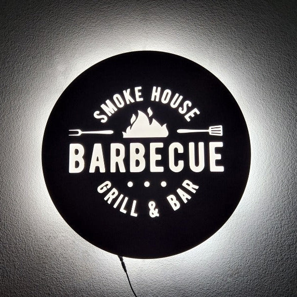 LED circular restaurant logo sign black acrylic backlit halo wall signage for barbecue grill bar