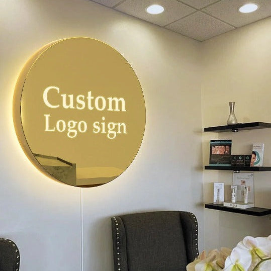 LED gold acrylic circular logo sign backlit round wall signage for salon and clinic branding