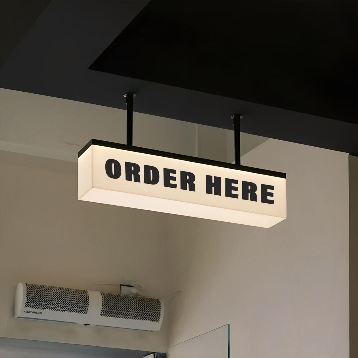 LED hanging lightbox sign double sided illuminated order here sign for retail and restaurant