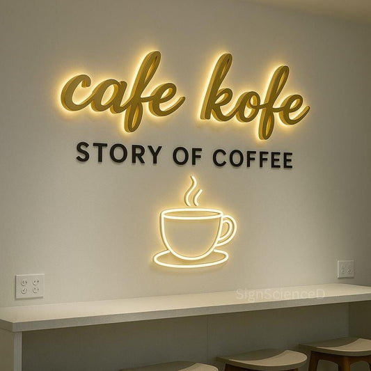 LED neon coffee wall sign cafe kafe backlit lettering with coffee cup icon for cafe decor