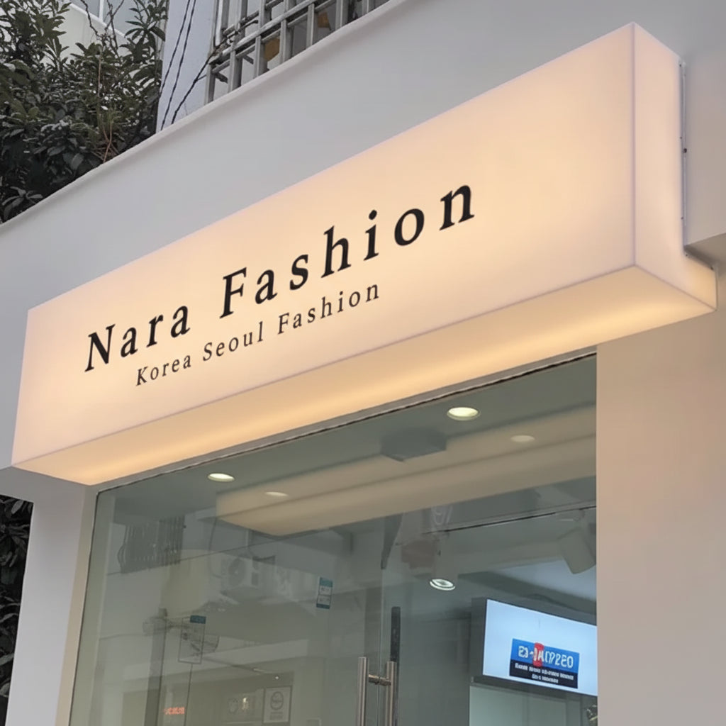 Acrylic cube lightbox with Nara Fashion sign on a building facade
