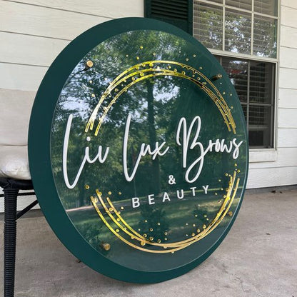 Liv Luxe Brows acrylic logo sign board round printed salon signage outdoor beauty branding