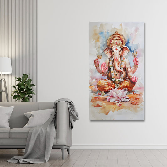 Lord Ganesha lotus canvas painting frame spiritual wall decor for living room