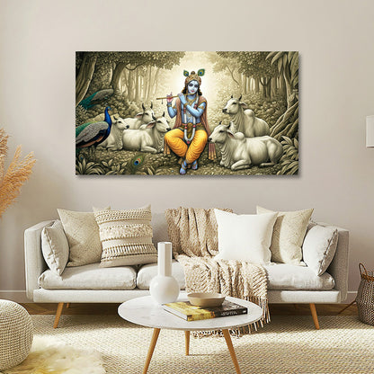 lord krishna with cow canvas painting frame wall decor for living room
