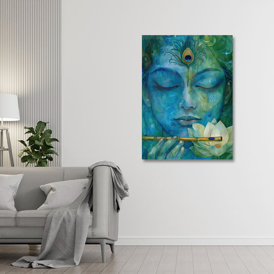 lord krishna face blue canvas painting frame wall decor for living room