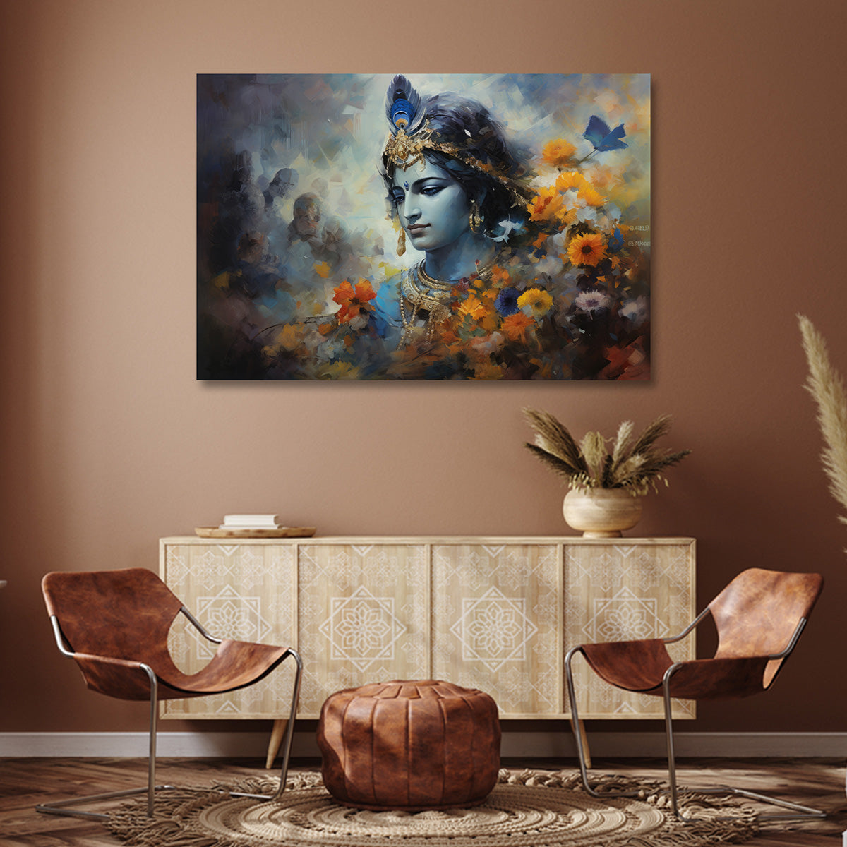 lord krishna canvas painting frame floral artistic wall decor for living room