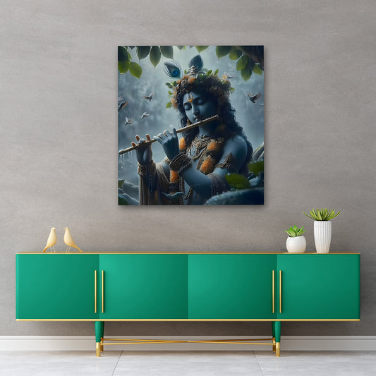 Lord Krishna flute wall painting divine spiritual canvas art for home decor