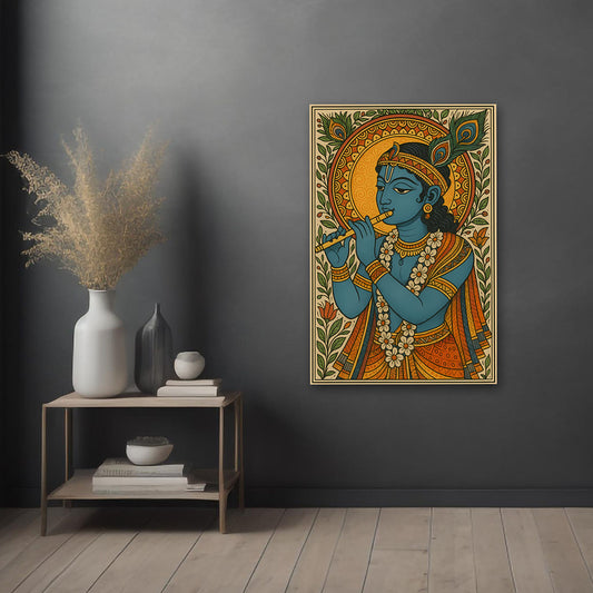 lord krishna folk art canvas painting playing flute traditional wall decor