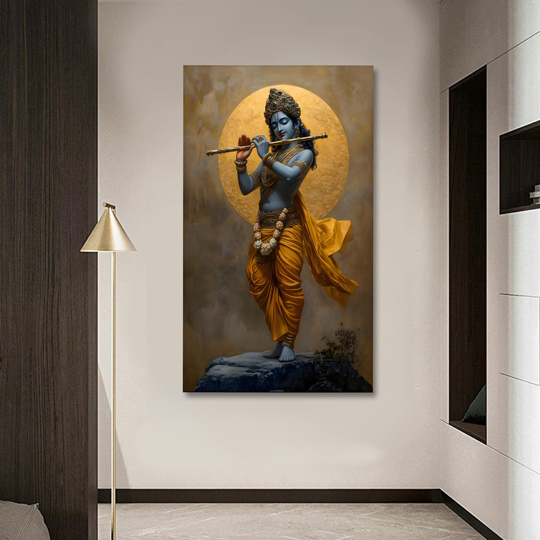 Lord Krishna golden aura canvas painting frame spiritual wall decor for living room