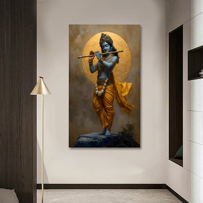 Lord Krishna golden aura canvas painting frame spiritual wall decor for living room