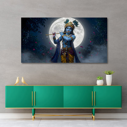 Lord Krishna flute canvas painting frame with full moon background large wall decor