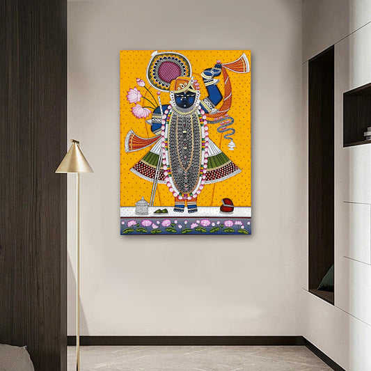 Lord Krishna traditional Indian canvas wall art with flute and lotus for home decor
