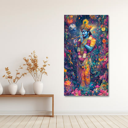 Lord Krishna vibrant floral canvas painting frame colorful wall decor for living room