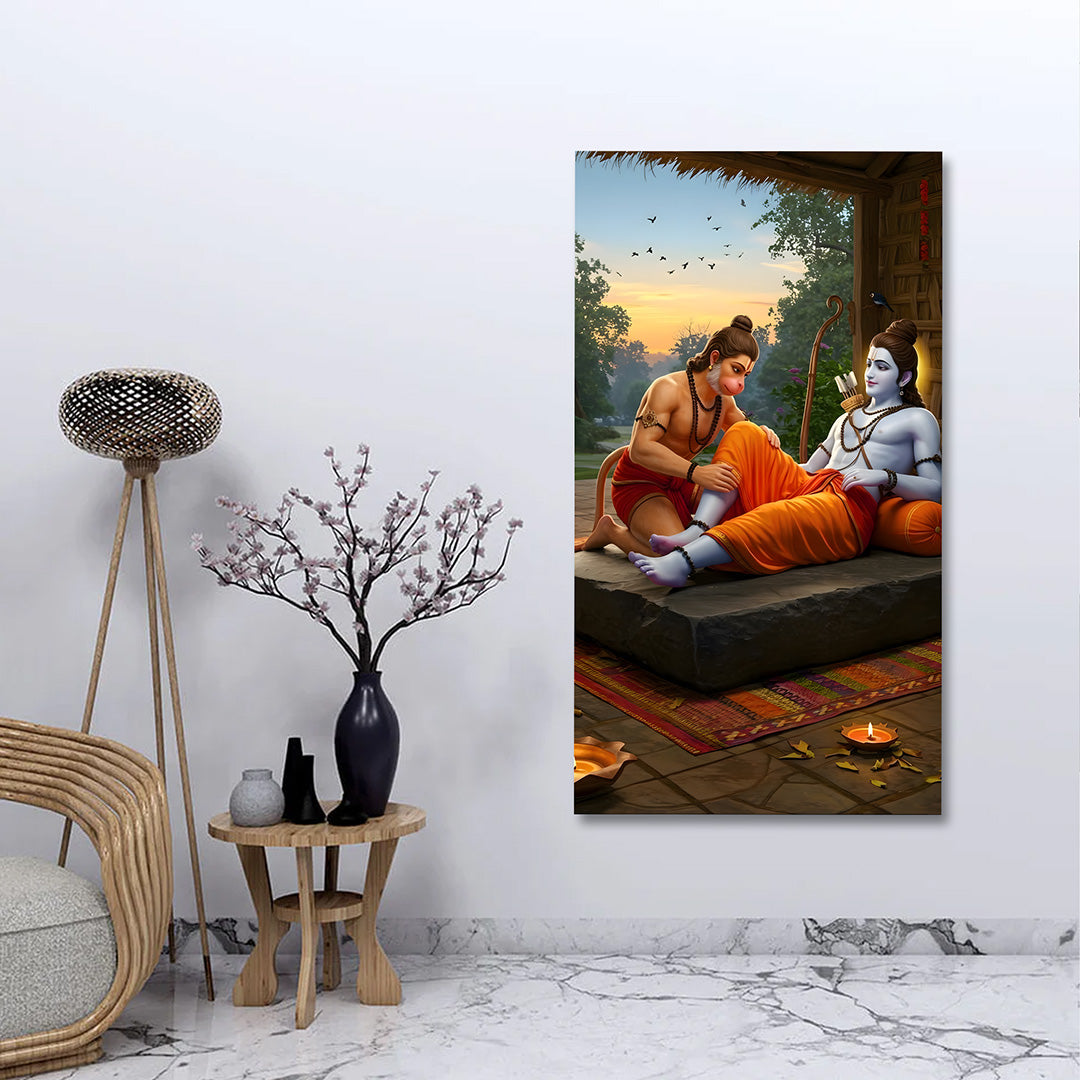 Lord Ram and Hanuman devotion canvas painting frame spiritual wall decor for living room