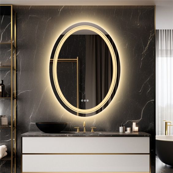 luxury oval LED bathroom mirror with double ring backlight modern vanity setup premium interior