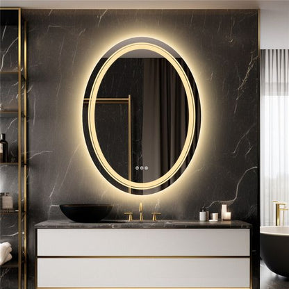 luxury oval LED bathroom mirror with double ring backlight modern vanity setup premium interior