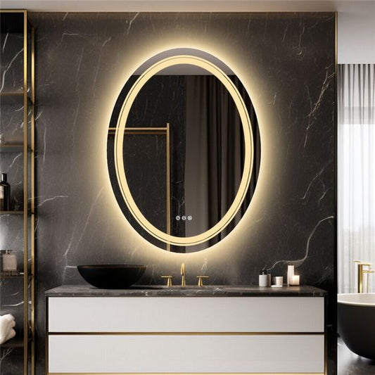 luxury oval LED bathroom mirror with double ring backlight modern vanity setup premium interior