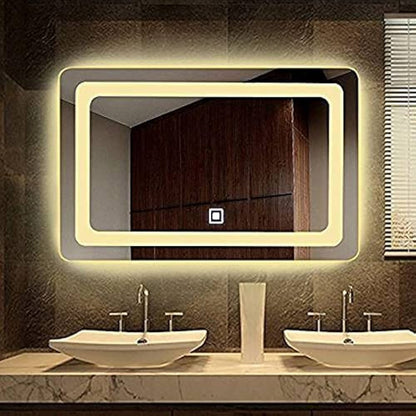 luxury capsule LED wall mirror with ambient lighting surrounded by artificial green wall interior