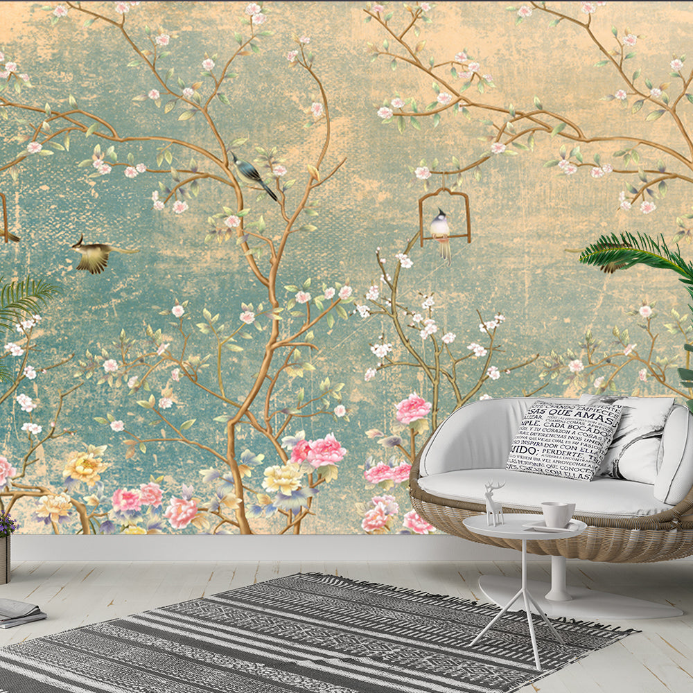 luxury nature wallpaper with flowers birds and elegant tree branch design