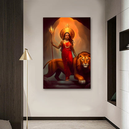 Maa Durga with lion divine wall painting spiritual canvas art for home decor