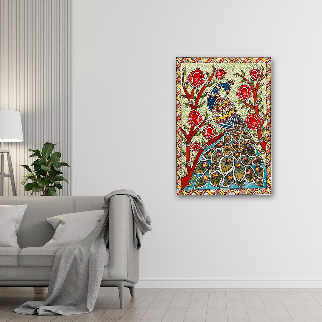 Madhubani peacock folk art canvas wall painting for home decor
