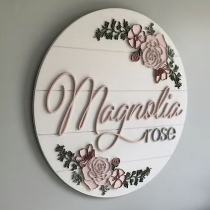 Magnolia Rose floral acrylic name board round 3D wall sign home decor