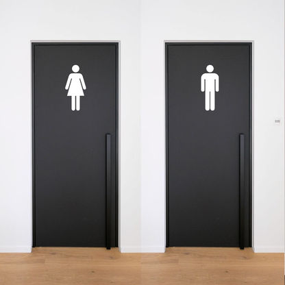 Minimal male female restroom door icons signage for washroom identification

