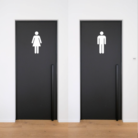 Minimal male female restroom door icons signage for washroom identification
