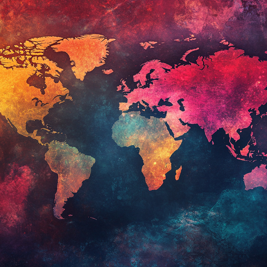 World map with colorful abstract design on a dark background