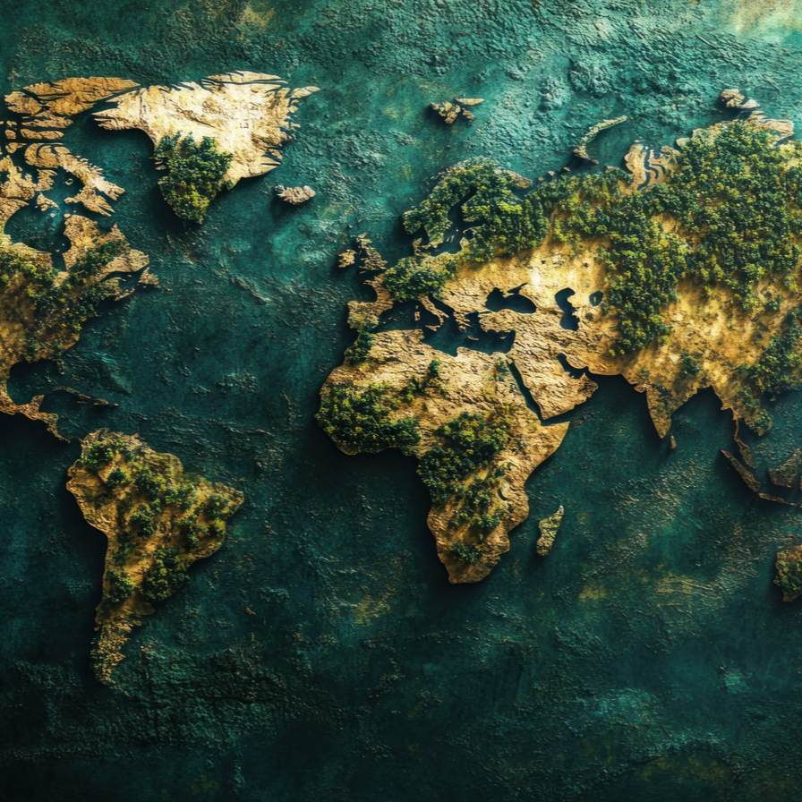 World map with a textured green and brown color scheme