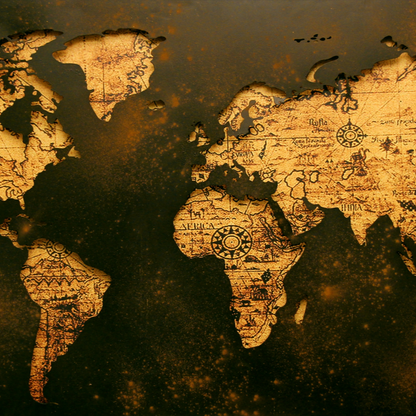 World map on a textured surface with a warm, amber glow.