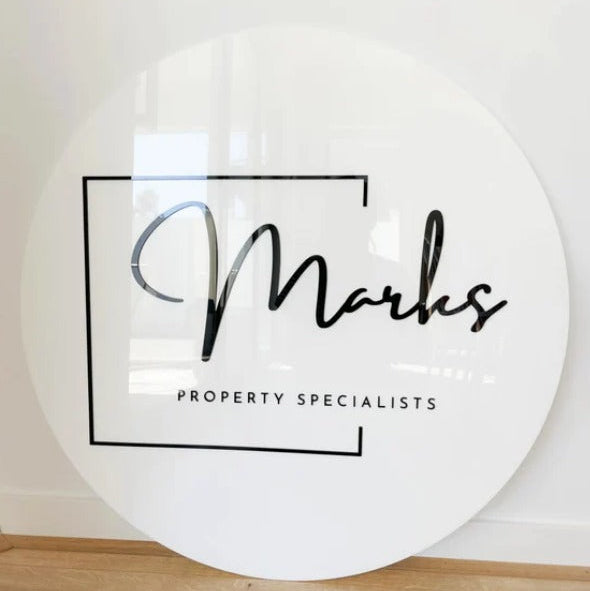 Marks Property Specialists round acrylic sign board 3D logo office branding signage